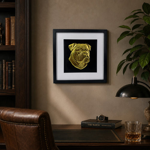 Gold American Bulldog 3D wall art in a black frame displayed in a warm study interior with dark wood, leather, greenery and classic decor.