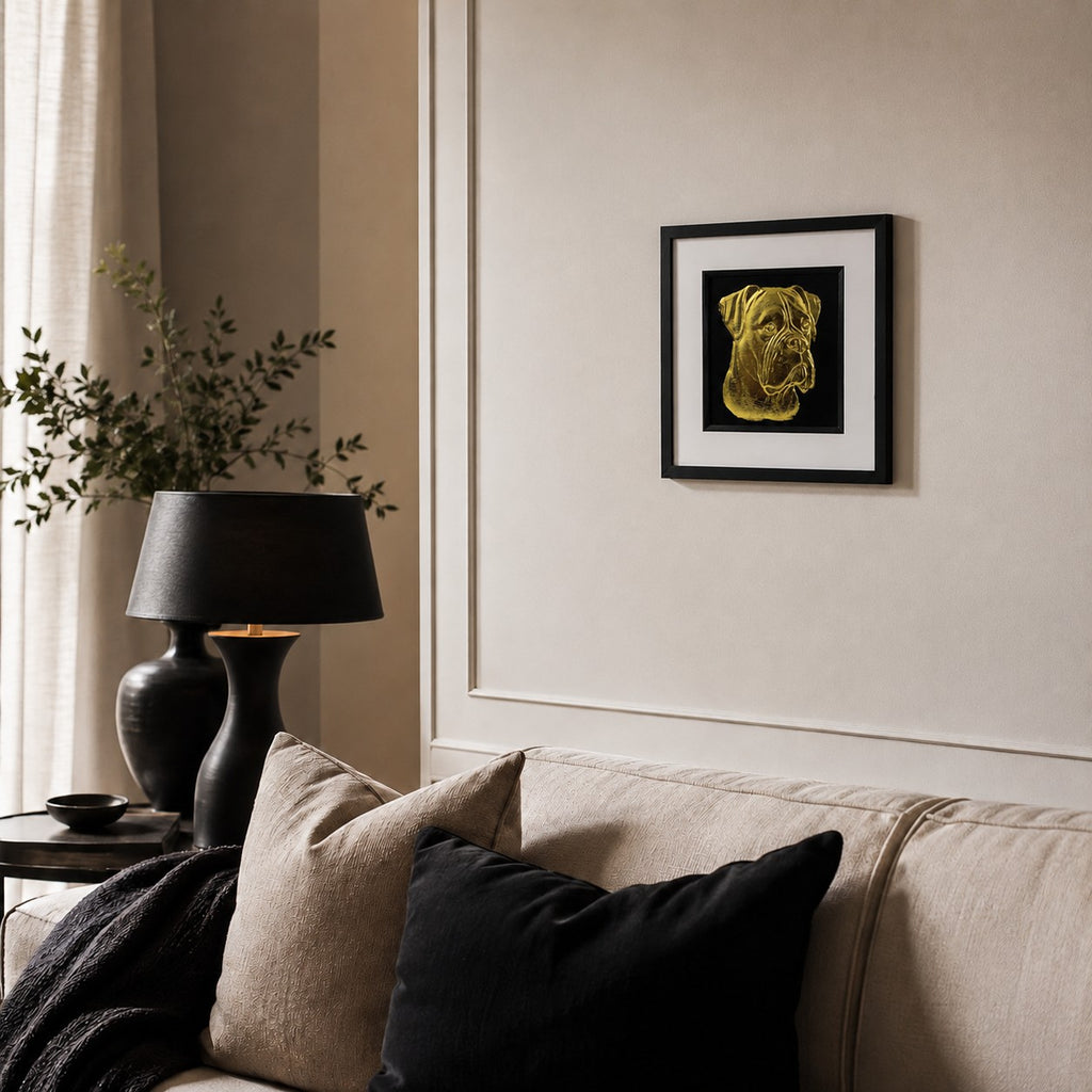 Angled lifestyle view of gold Boxer dog framed wall art hung on a neutral wall above a cosy sofa with black cushions, soft lighting and elegant decor.