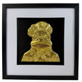Gold frog chef raised relief in black square frame with white mount and black inner surround