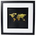 Gold metallic leaf World Map 3D wall art on black background. Hand-sculpted relief map in black wooden box frame with white mount.