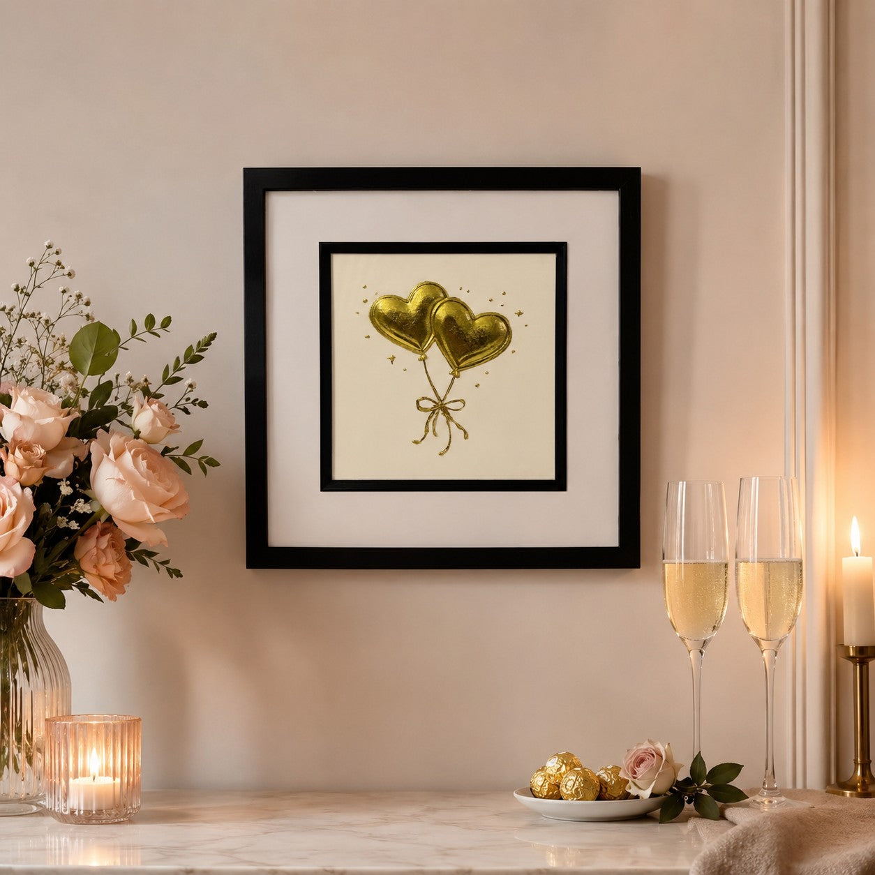 Gold heart balloon wall art in a black square frame styled in a romantic celebration setting with blush roses, champagne glasses, candlelight and warm neutral decor.