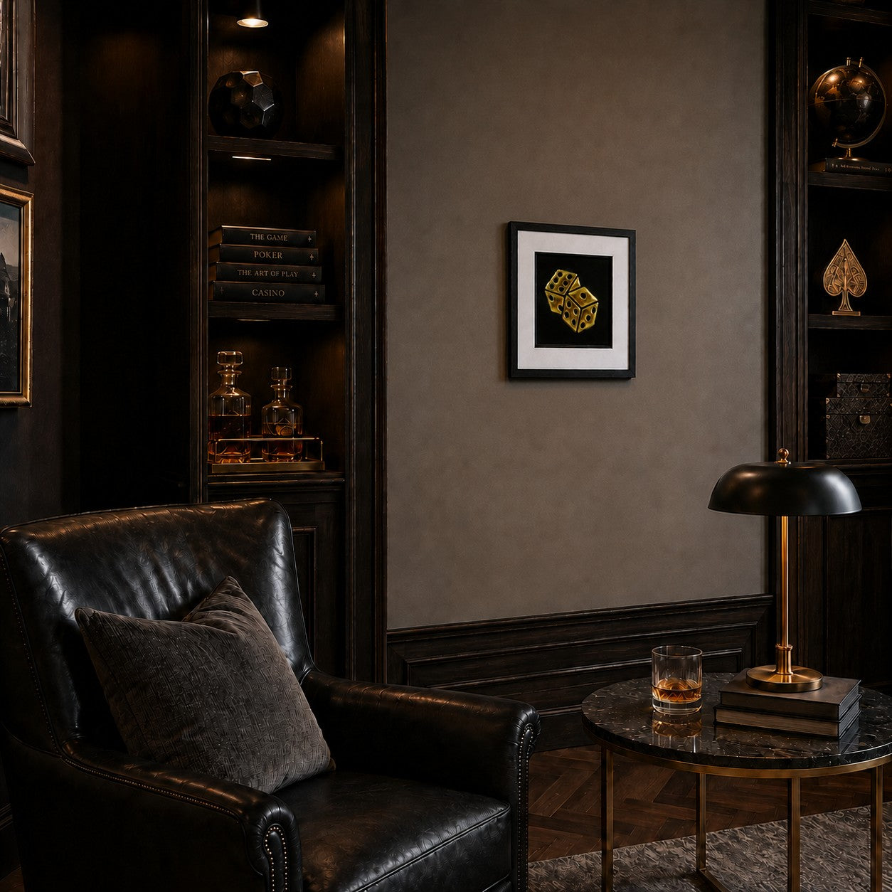 Angled view of framed gold leaf dice wall art styled in a dark luxury lounge with leather seating and warm brass accents.