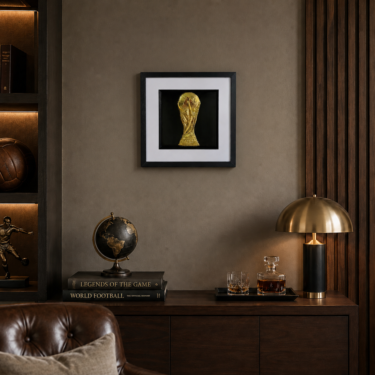 Gold football trophy framed artwork hung in a luxury study with warm lighting, globe and dark wood styling.