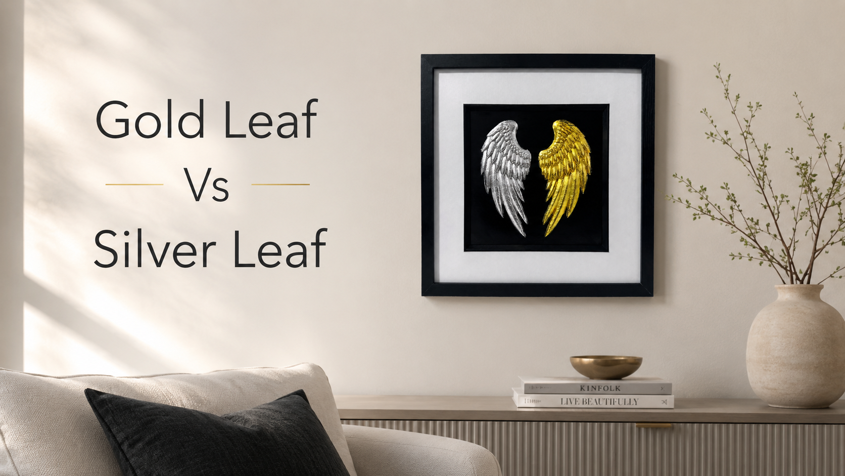 Gold Leaf Vs Silver Leaf comparison image showing framed angel wings wall art in gold and silver leaf in a modern neutral living room by JP Designs