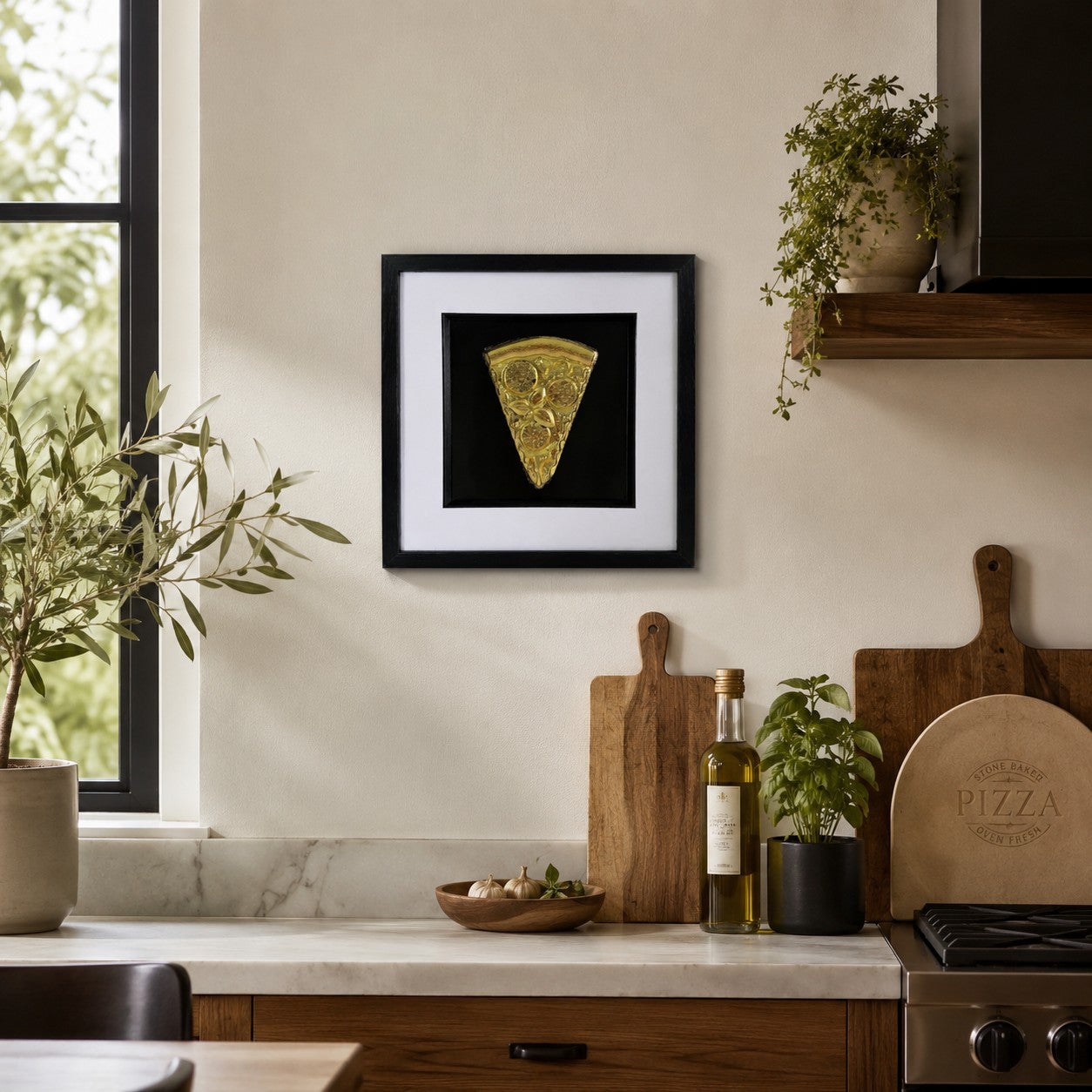 Gold 3D pizza slice artwork in black frame styled on a kitchen wall with wood boards, herbs and neutral decor.