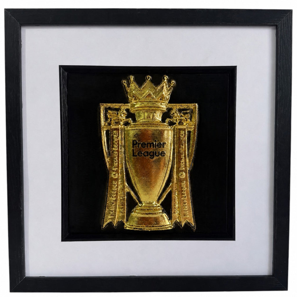 Gold Premier League trophy framed 3D relief artwork shown front-on in a black square frame with white mount
