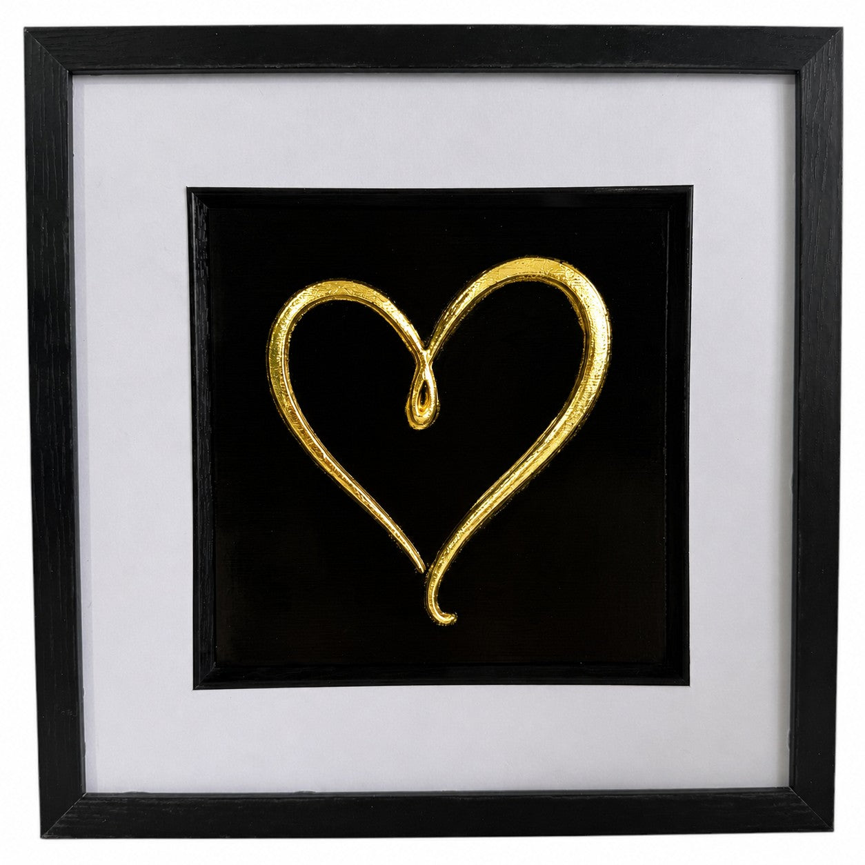 Straight-on Gold single-line heart relief artwork with black centre panel, white mount and black frame.