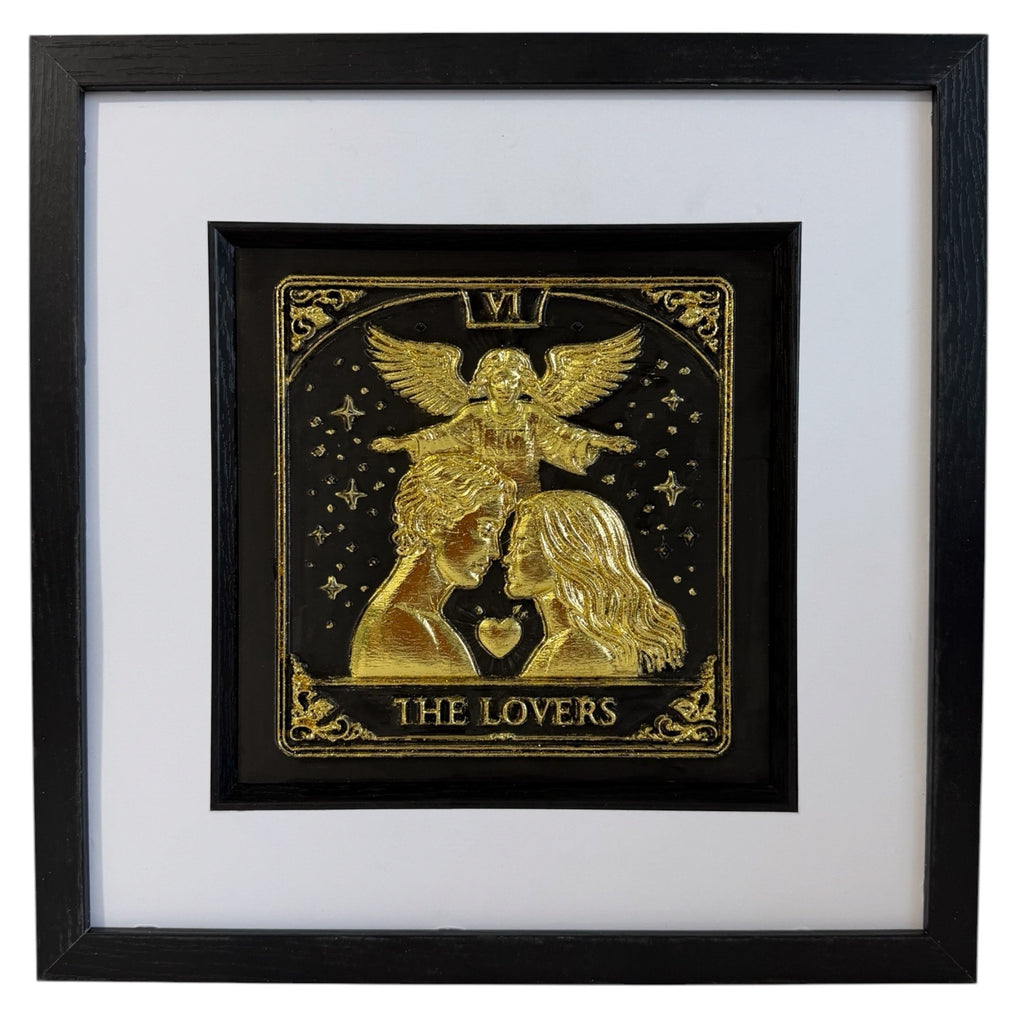 Gold The Lovers tarot card raised relief in black square frame with white mount and black inner surround