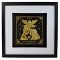 Gold The Lovers tarot card raised relief in black square frame with white mount and black inner surround