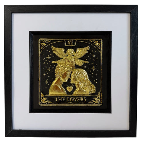 Gold The Lovers tarot card raised relief in black square frame with white mount and black inner surround