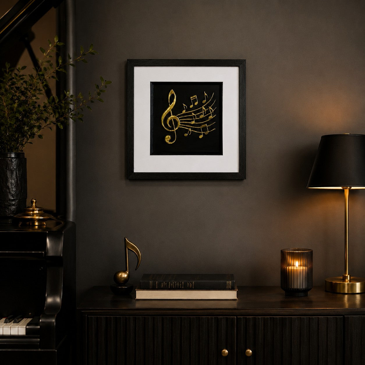 Gold treble clef framed artwork styled above a dark sideboard with piano, lamp, candlelight and books