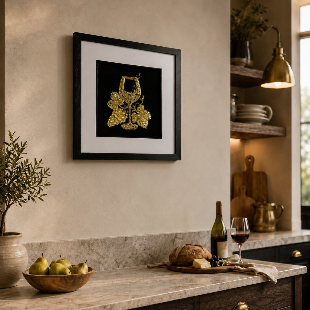 Gold wine glass and grape 3D framed artwork styled in a warm kitchen with bread, pears and wine.