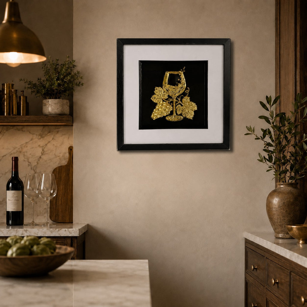 Gold wine wall art in a kitchen and dining setting with wine glasses, bottle styling and neutral walls.
