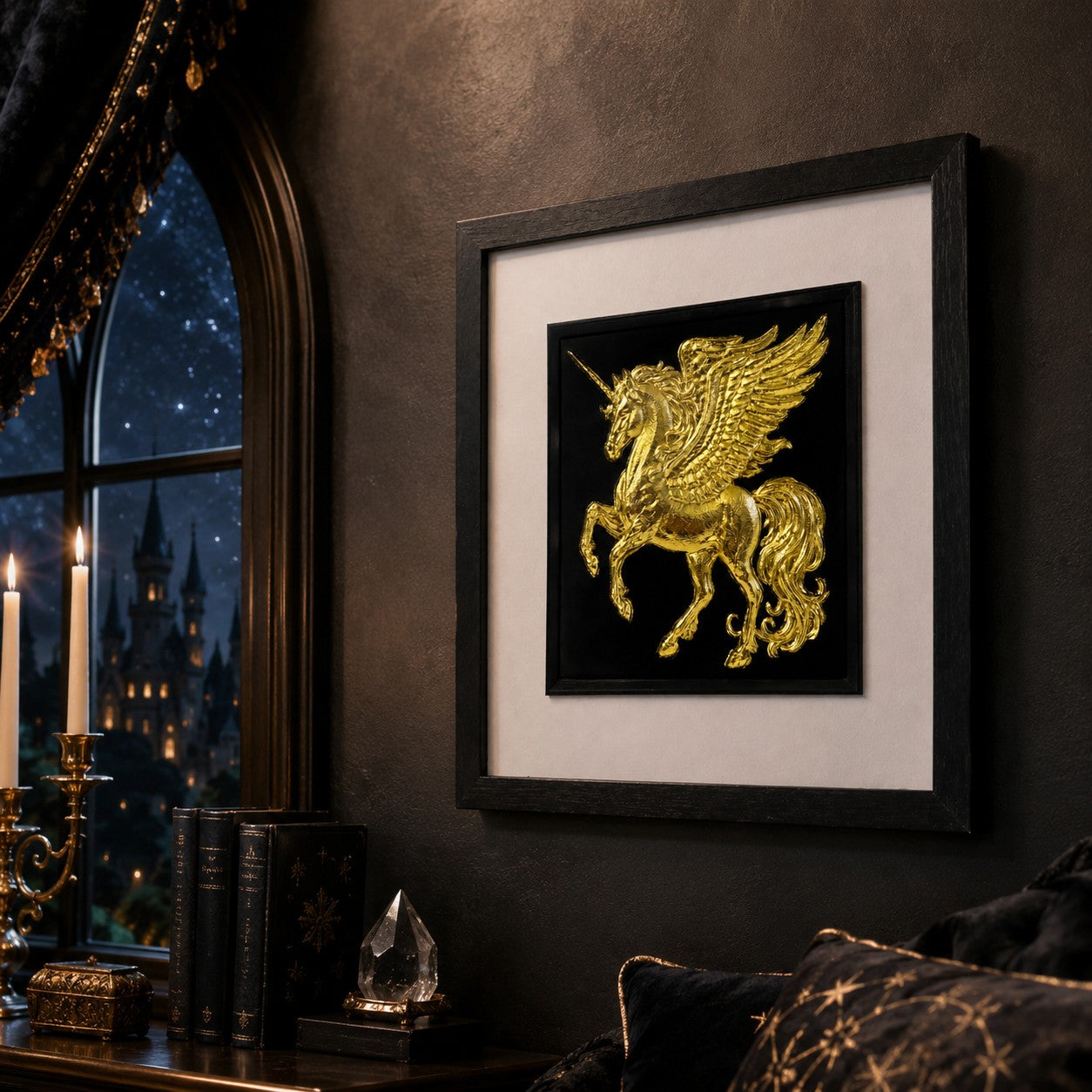 Angled wall view of gold winged unicorn framed wall art in a moody fantasy room with candlelight, dark decor, gold details and a castle window backdrop.