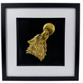 Gold wolf howling at the moon framed wall art with hand gilded gold leaf effect on a black background, displayed in a 33cm square black frame with white mount.