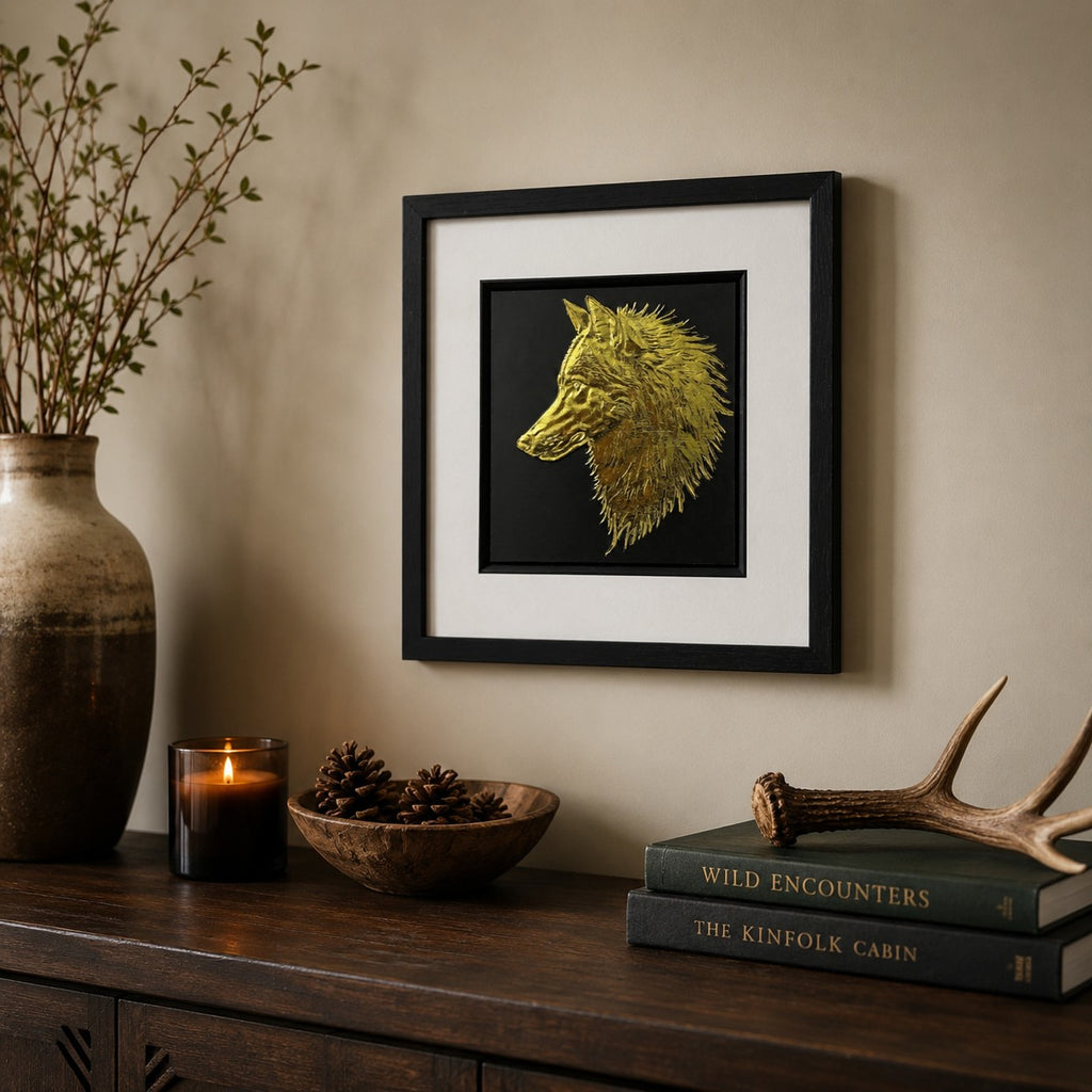 Angled lifestyle view of gold wolf wall art in a black square frame with white mount, displayed in a warm rustic interior with natural wood, candlelight, pinecones, books and antler decor.