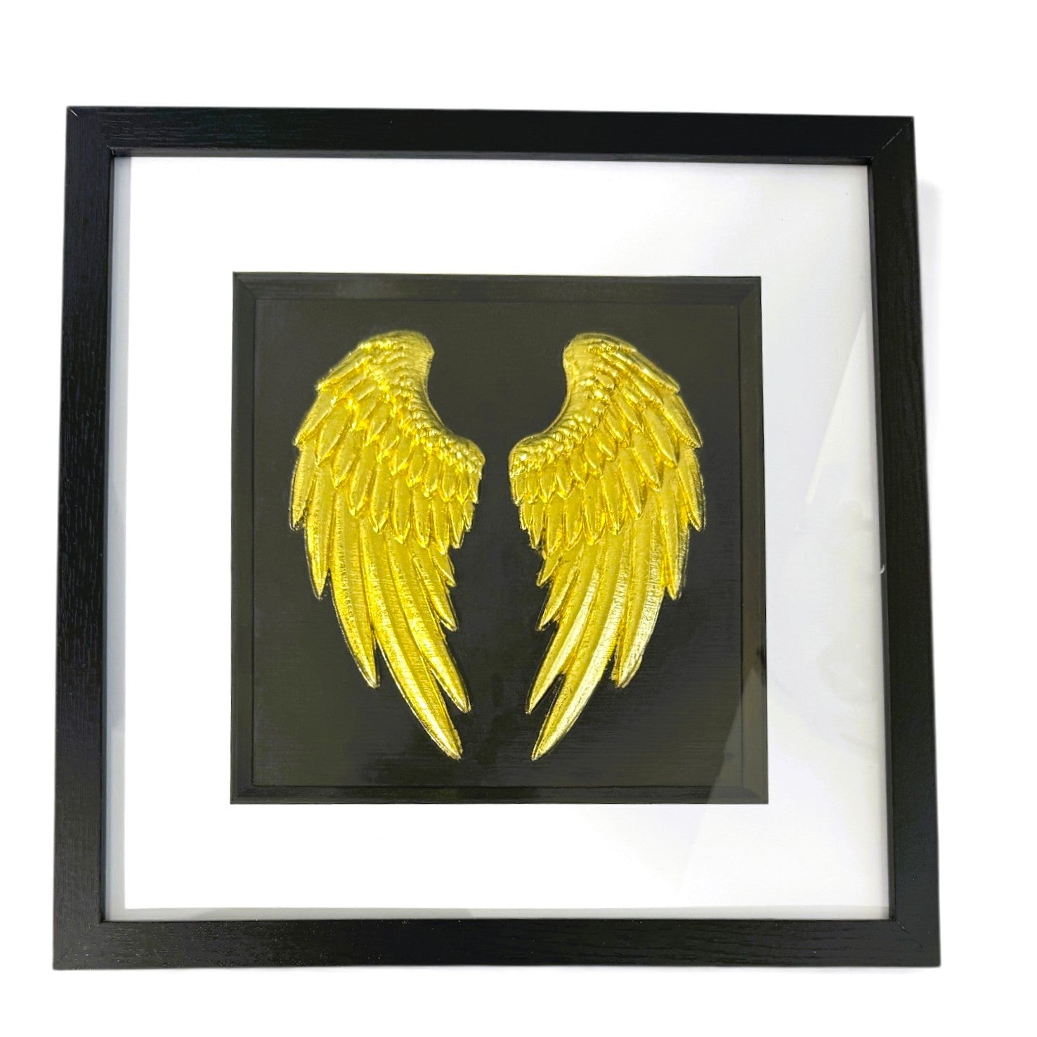 Angel wings framed wall art finished in gold leaf with black frame and white mount