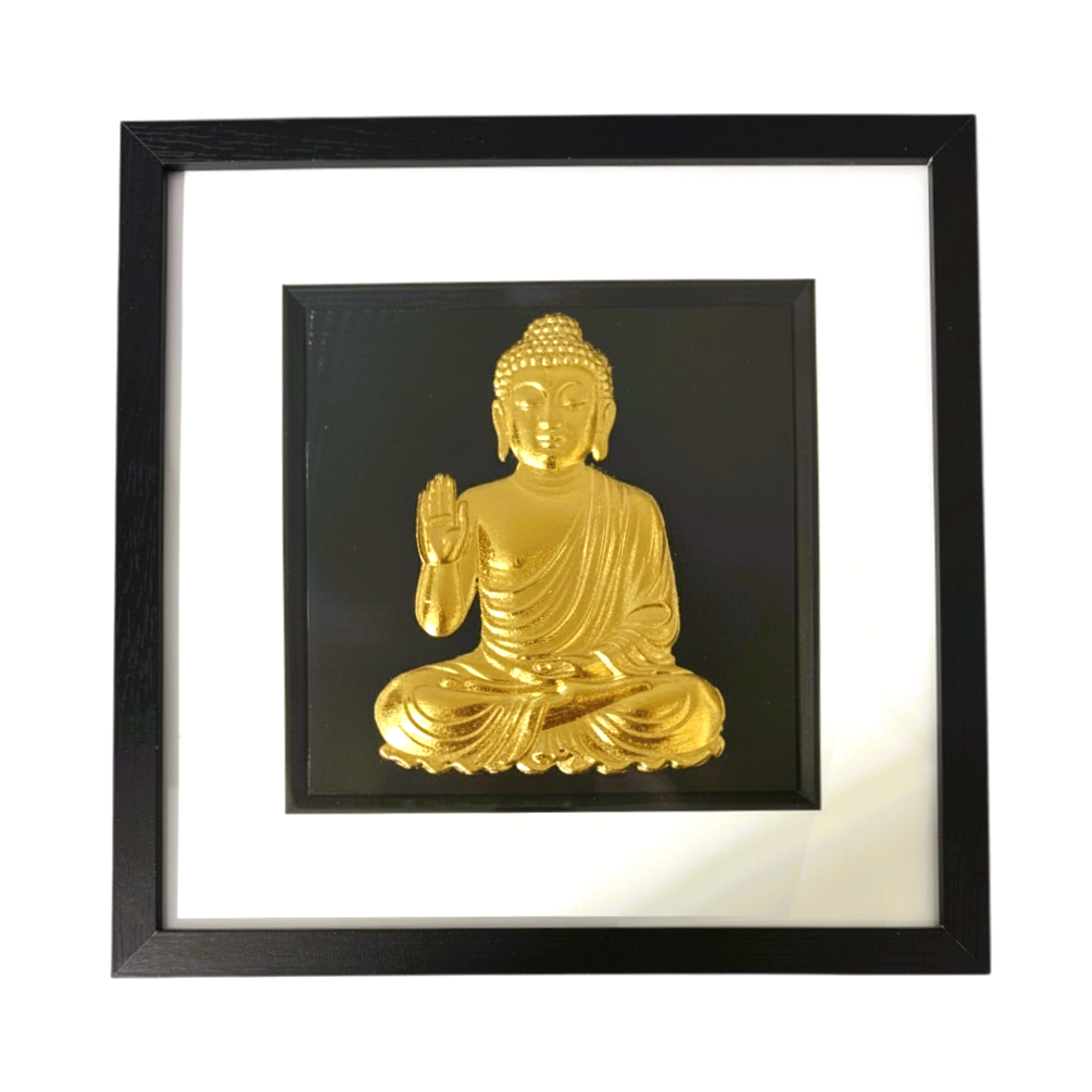 Front-facing gold leaf Buddha wall art framed in black with white mount