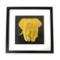 Gold elephant wall art framed in black with white mount on black background