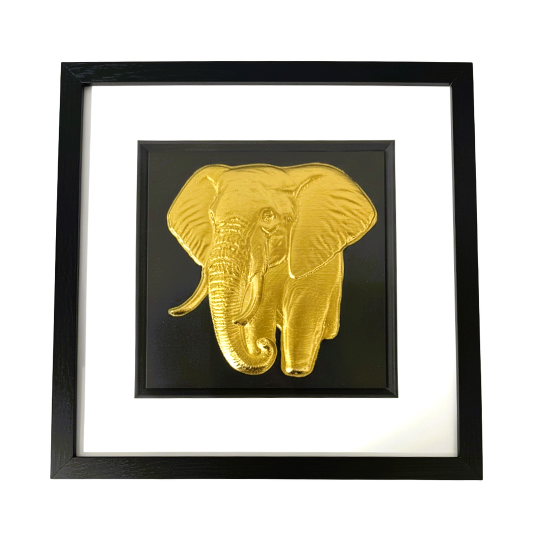 Gold elephant wall art framed in black with white mount on black background