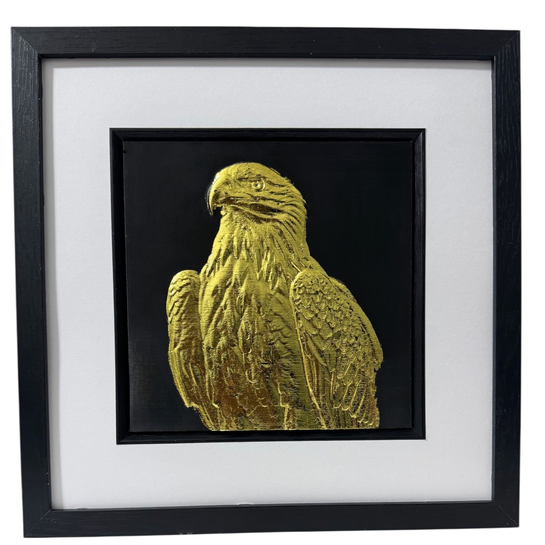 golden Eagle framed 3d wall art in gold leaf with black frame and white mount, front view