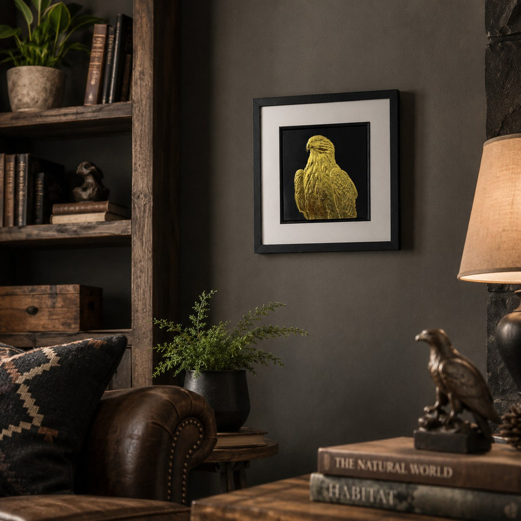 55 degree angled view of framed golden eagle 3D wall art with gold relief detail, hanging on a dark neutral wall in a rustic study-style interior.