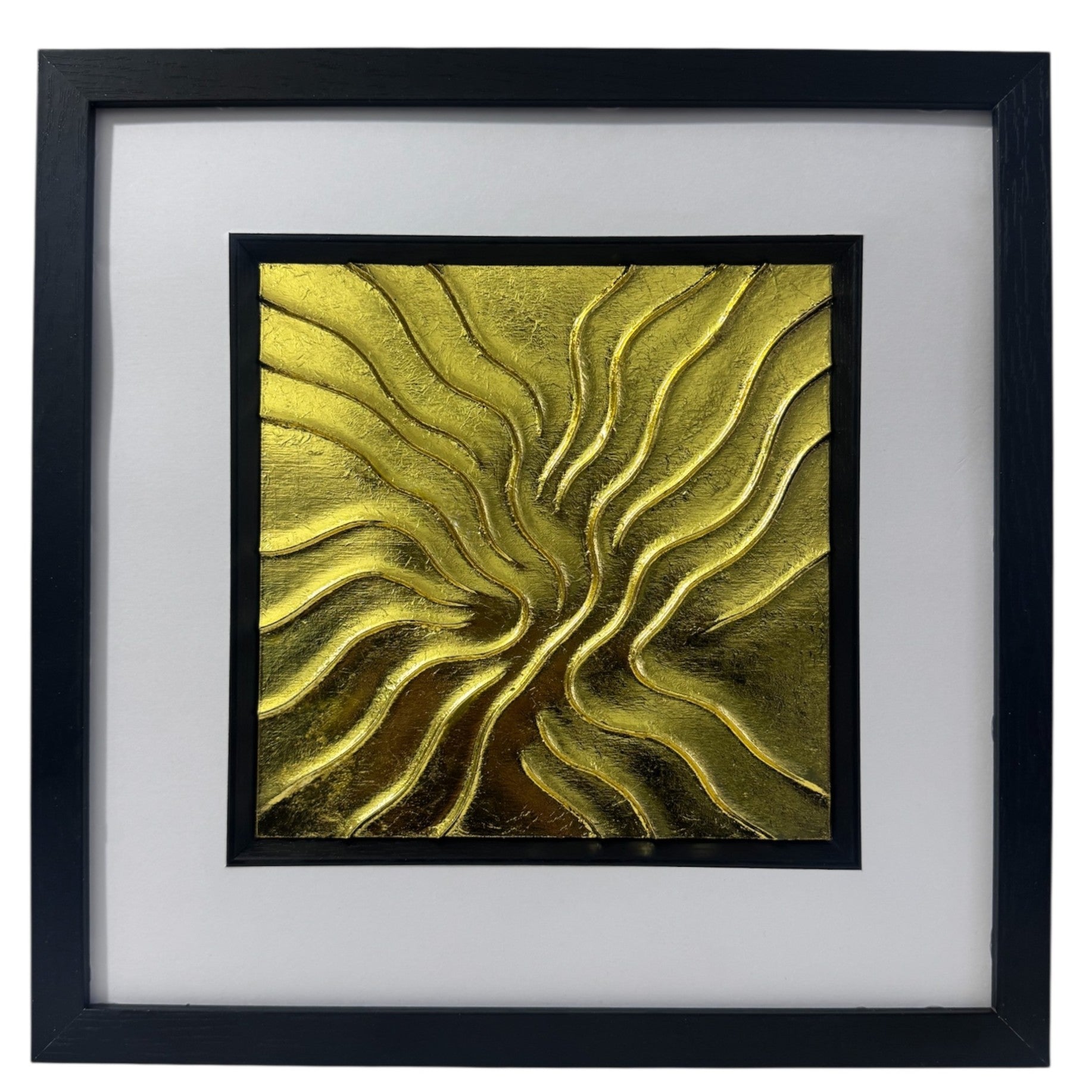 Golden Flow abstract wall art in gold leaf with black frame and white mount