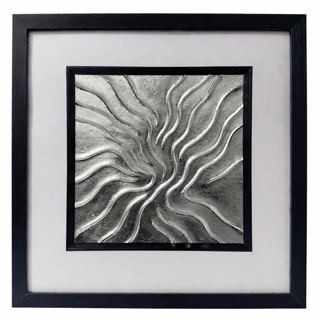 Silver leaf abstract wall art with textured flowing pattern