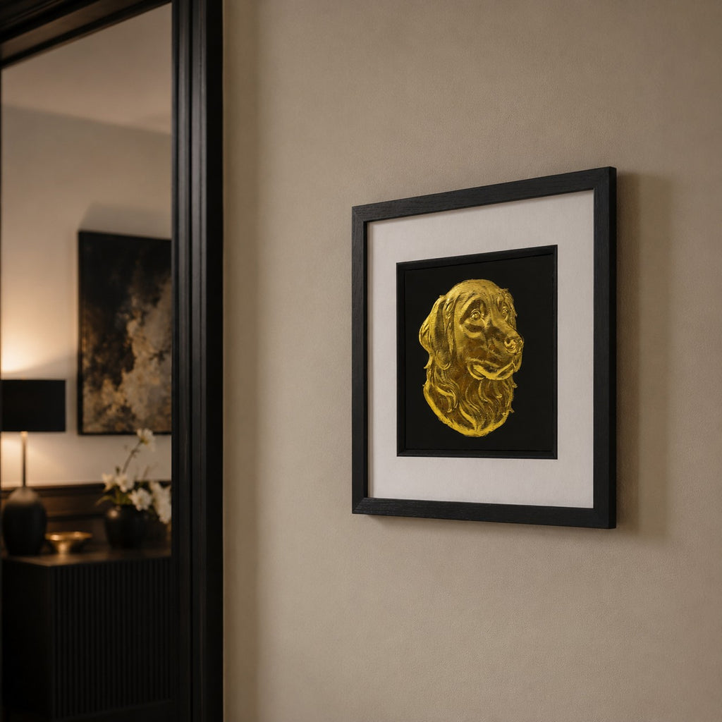 Angled wall view of Golden Retriever 3D wall art in a black frame with white mount, styled in a modern neutral interior with gold accents.