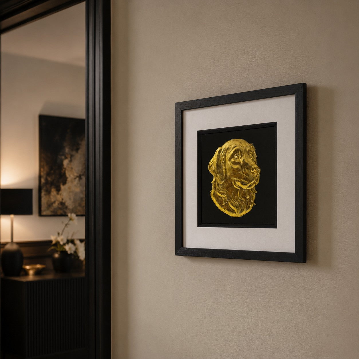 Angled wall view of Golden Retriever 3D wall art in a black frame with white mount, styled in a modern neutral interior with gold accents.