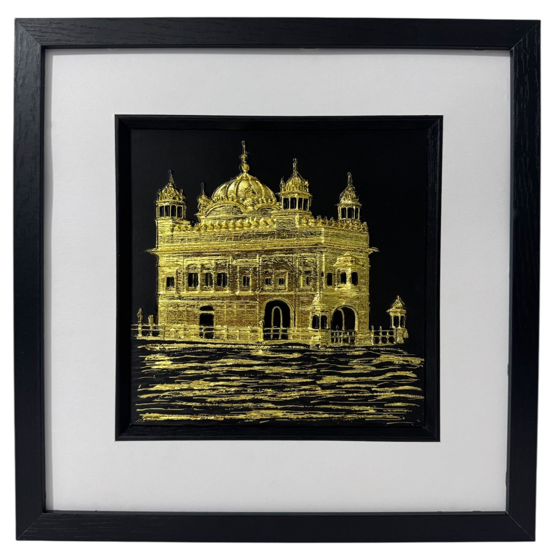 Golden Temple India wall art in gold leaf with black frame and white mount