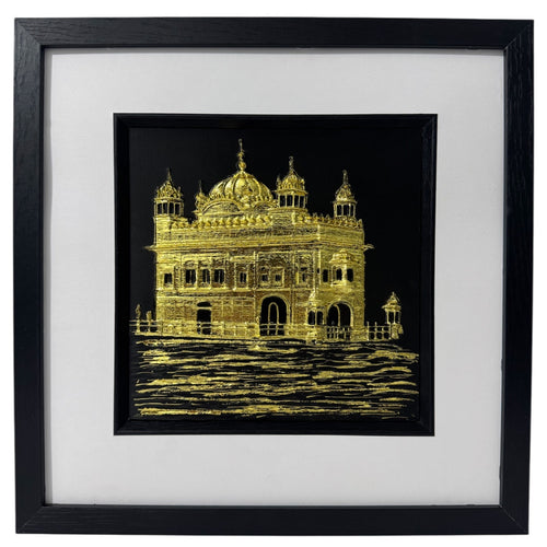 Golden Temple India wall art in gold leaf with black frame and white mount