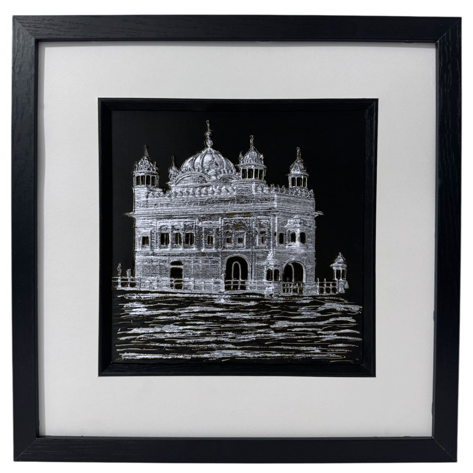 Golden Temple India landmark artwork in silver leaf on black background