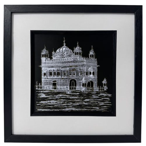 Golden Temple India landmark artwork in silver leaf on black background