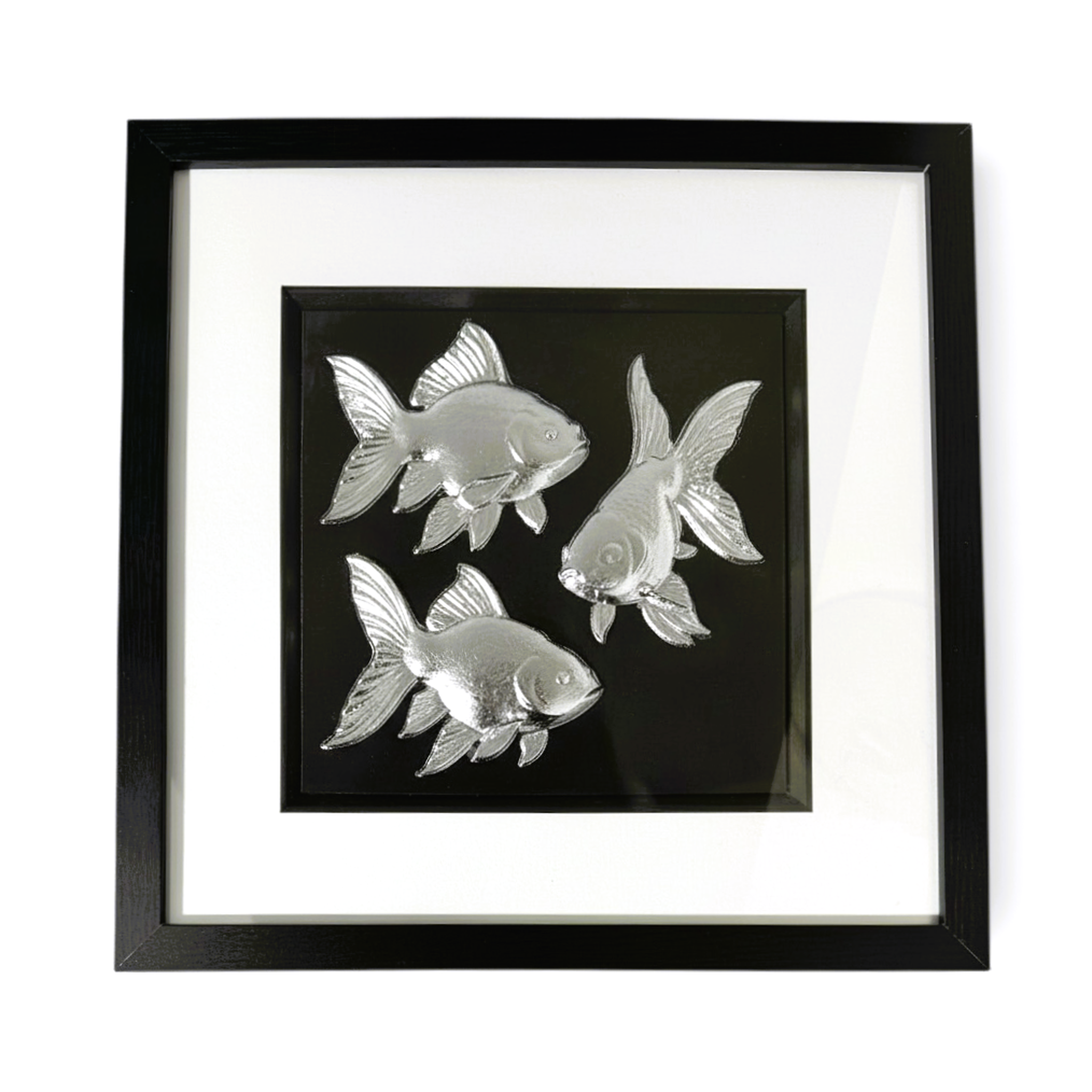 Front-facing silver leaf goldfish framed artwork on black background