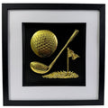 Gold 3D relief wall art featuring golf ball, club driver, and flagstick.