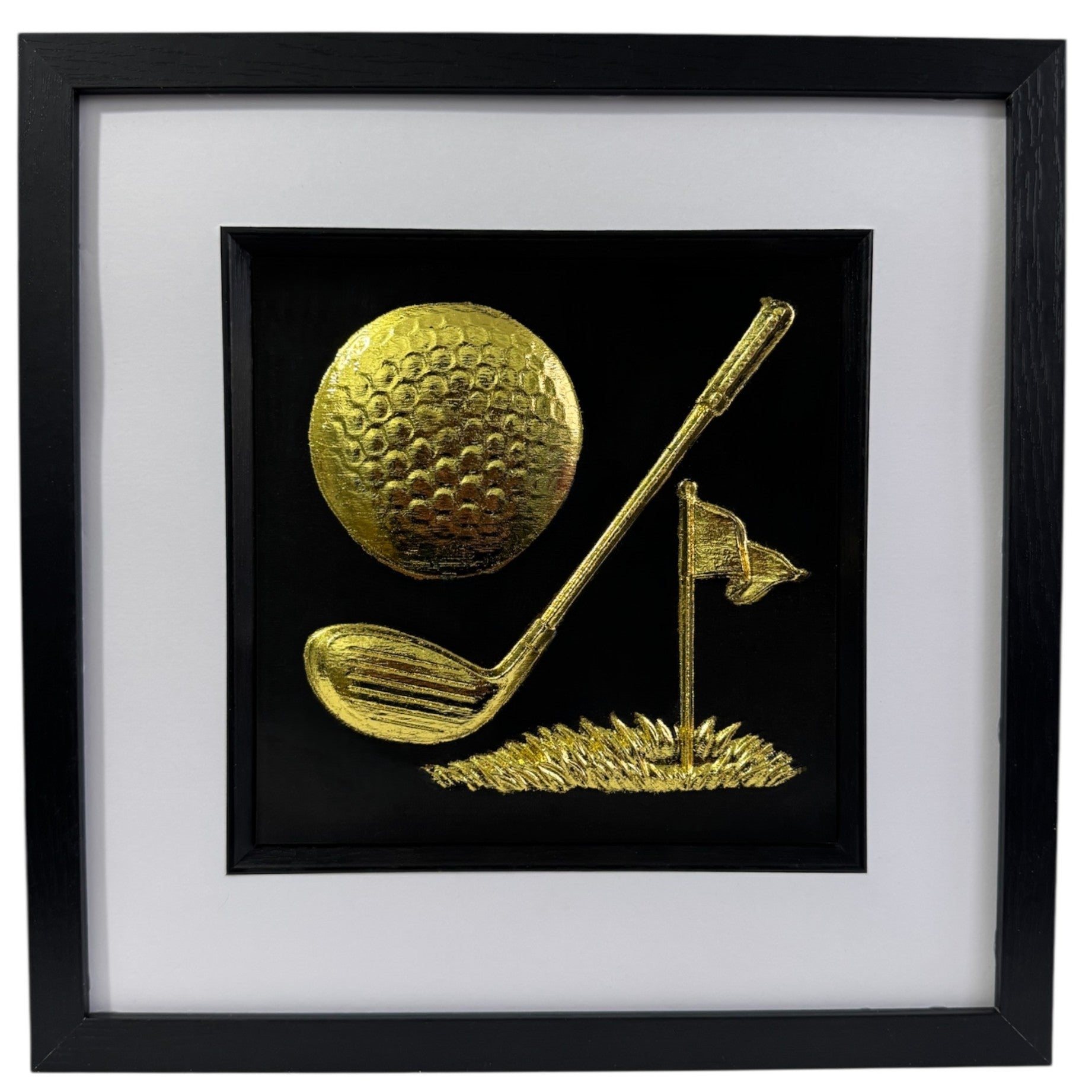 Gold 3D relief wall art featuring golf ball, club driver, and flagstick.