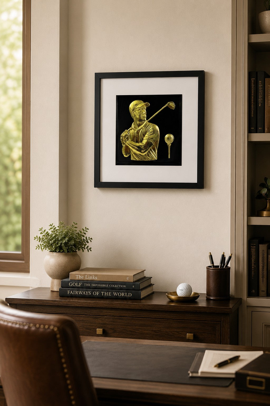 Handmade framed 3D golf wall art finished in gold leaf, styled in a home office as a thoughtful Father’s Day gift for a golf-loving dad.