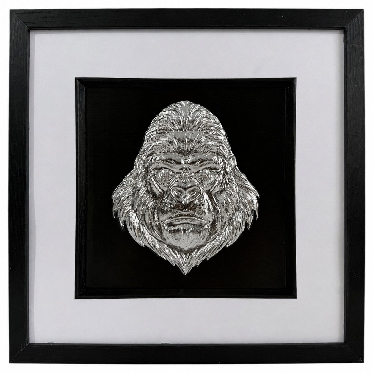 Silver framed gorilla head wall art with raised relief face, black centre, white mount and black square frame.