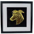 Framed greyhound wall art in gold leaf shown straight on with gallery mount
