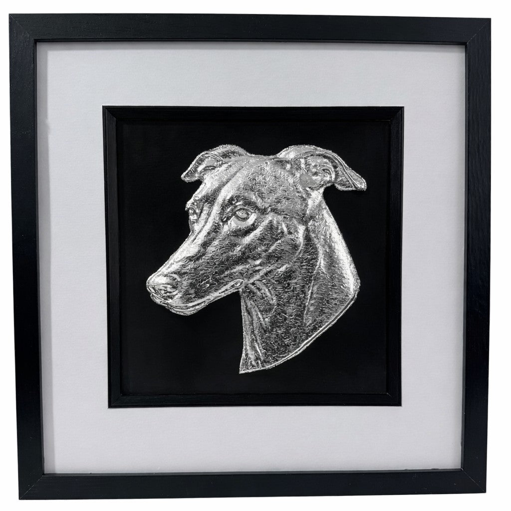 Framed greyhound wall art in silver leaf with raised relief detailing