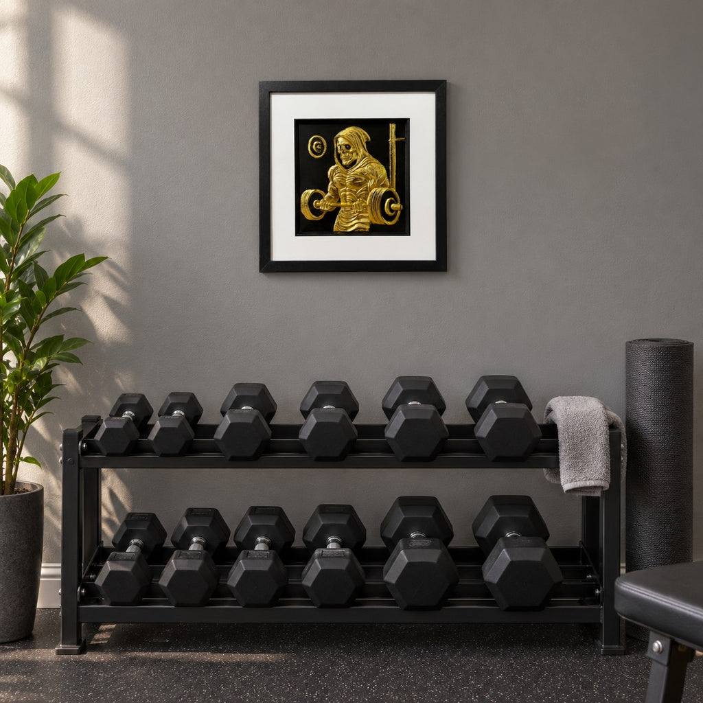 Gold grim reaper lifting weights 3D wall art in a black square frame hung on a grey home gym wall above a two-tier rack of black hex dumbbells