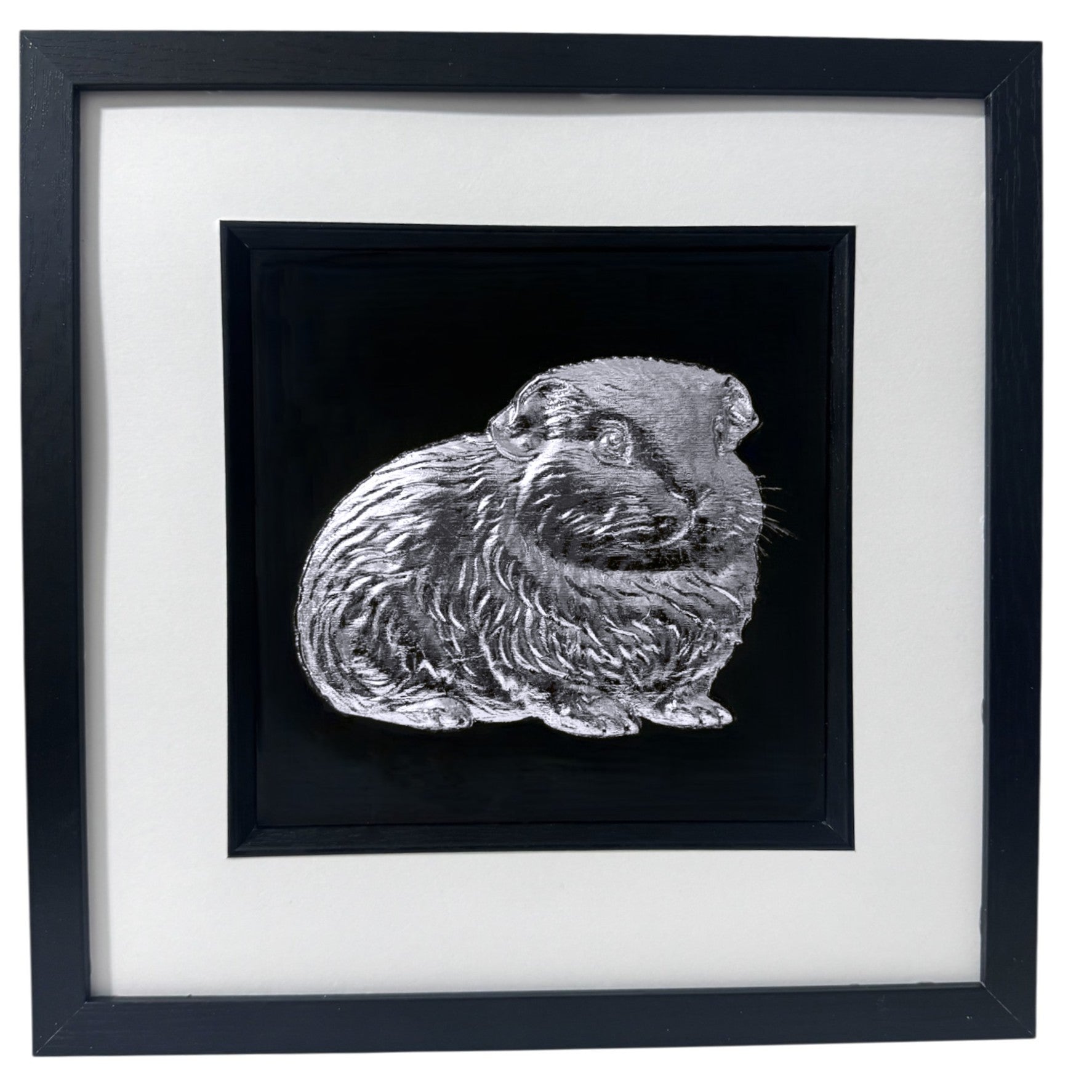 A handmade Guinea Pig 3D wall art piece in bright metallic silver leaf, a perfect modern tribute for a beloved pet.