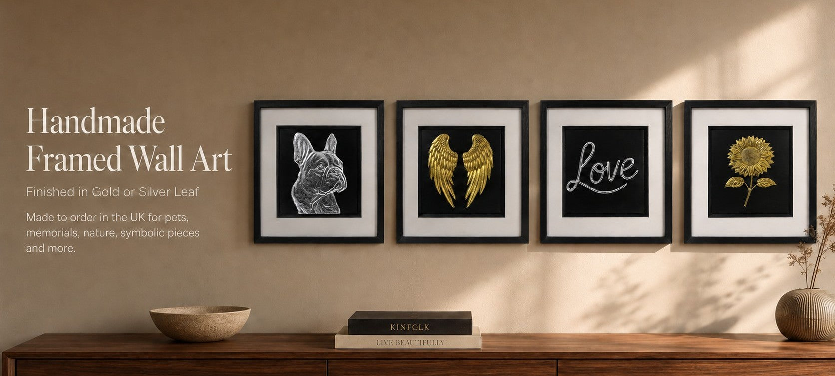 Handmade framed wall art by JP Designs displayed in a warm home interior, featuring silver French bulldog art, gold angel wings, silver love wall art and gold sunflower artwork in black frames with white mounts.