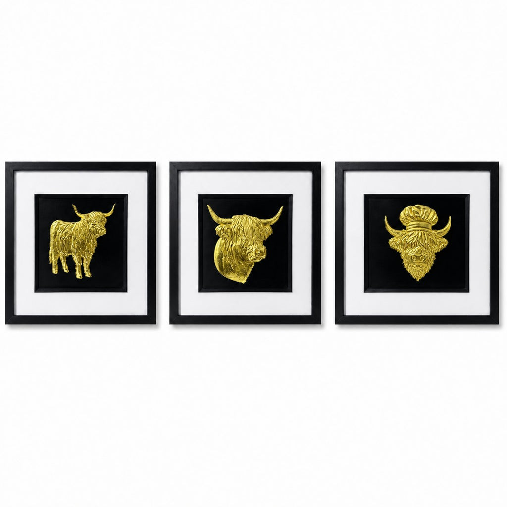 Gold trio image showing all three framed designs together on a white background.