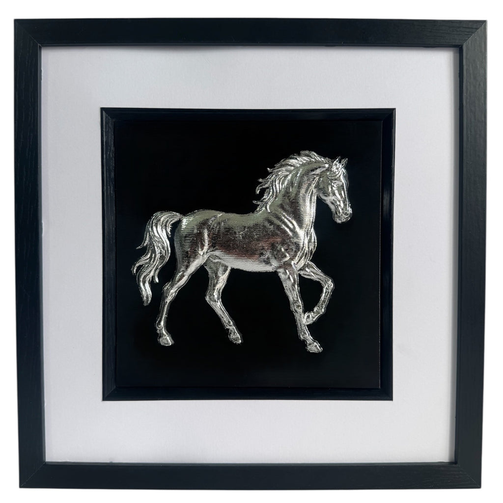 Silver horse 3D wall art framed on black background in square frame