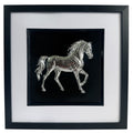 Silver horse 3D wall art framed on black background in square frame