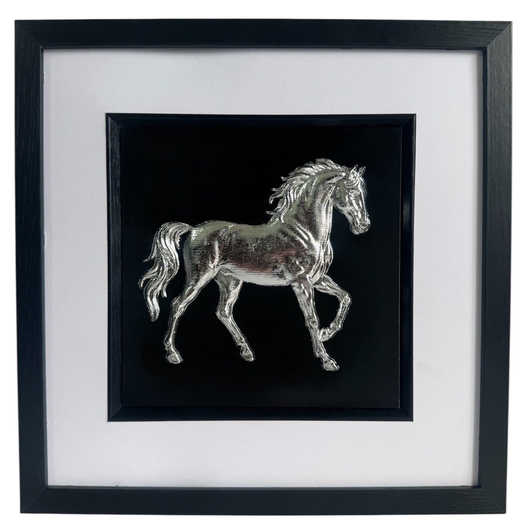 Silver horse 3D wall art framed on black background in square frame