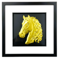 Gold horse head wall art framed in black with white mount