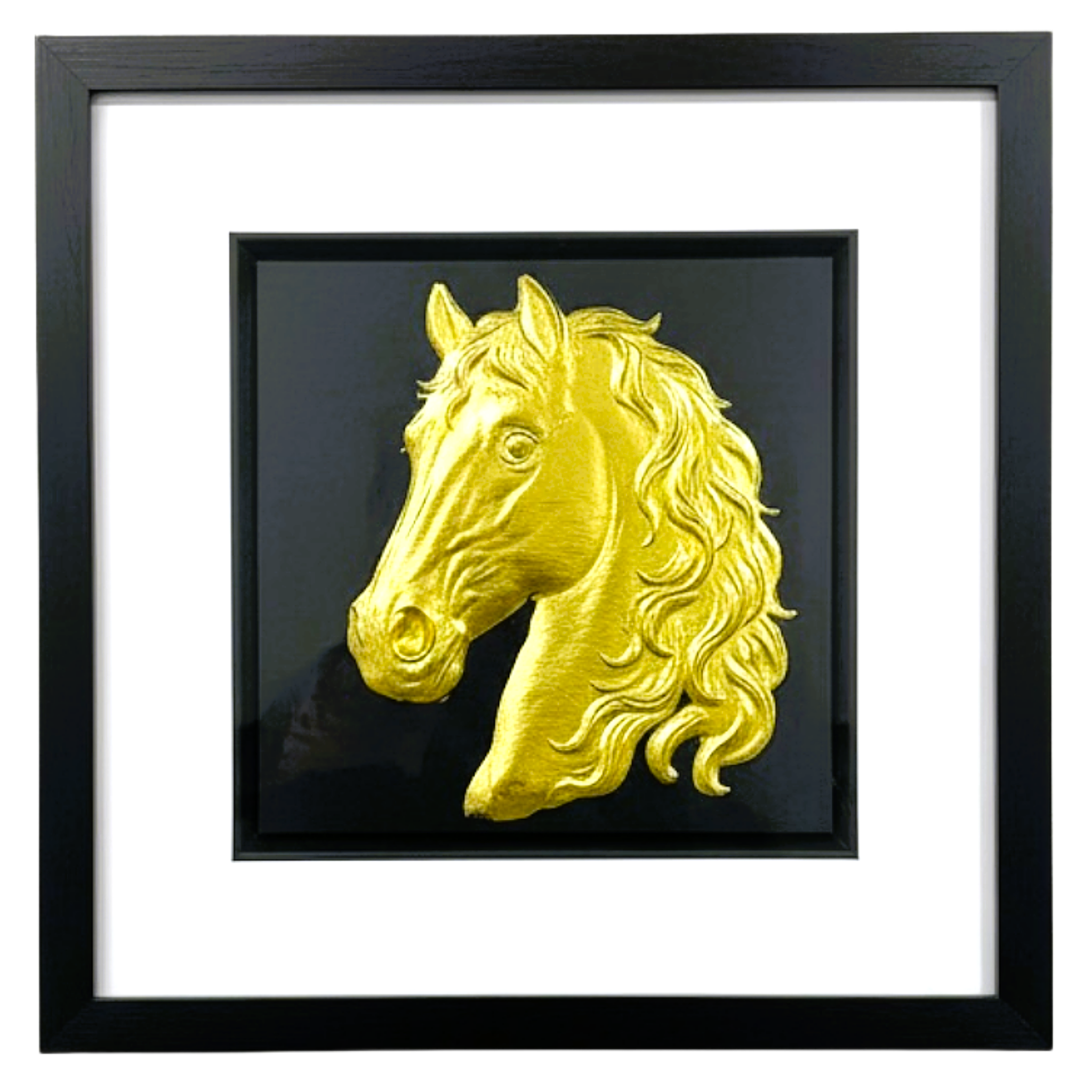 Gold horse head wall art framed in black with white mount